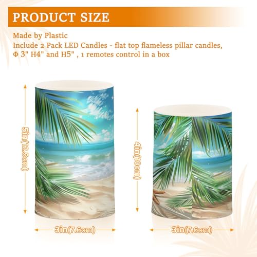 Image of Flickering Flameless Candles, Palm Leaves Starfish Beach LED Candles with Remote Timer, Set of 2 Battery Operated Candle for Valentine Wedding Birthday