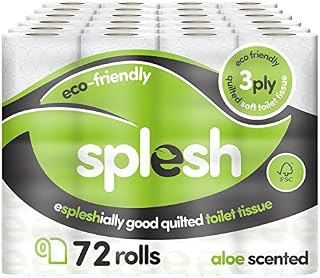 Splesh by Cusheen Toilet Roll Bulk Buy - Eco-Friendly, Soft & Quilted 3-Ply Toilet Roll, Made from Sustainably Sourced Pulp - Fresh Aloe Vera Fragrance (72 Rolls)