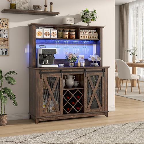 Image of 47 inchWide 56 inchH Farmhouse Coffee Bar Cabinet with Power Outlet and LED Light,Wine Bar Cabinet w /3 Storage Hutch,Kitchen Buffet Cabinet with 10 Wine and Glass Racks for Kitchen Dining Room(Brown)