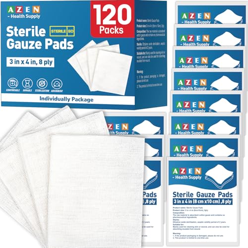 Image of AZEN 120 Pack Sterile Gauze Pads, 3 inch x 4 inch Non Stick Gauze Pads, 8-Ply Cotton Gauze Sponges for Wound Care and First Aid, Highly Absorbent Individually Wrapped Medical Gauzes