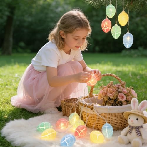 Lichterkette Ostern 3 m 20 LED,LED Ostereier Lichterkette Batteriebetrieben mit Mehrfarbige Riss-Eier,Warmweiß,Osterbeleuchtung Osterdekoration,Frühling Deko für Garten,Innen,Fenster,Kamin,Party