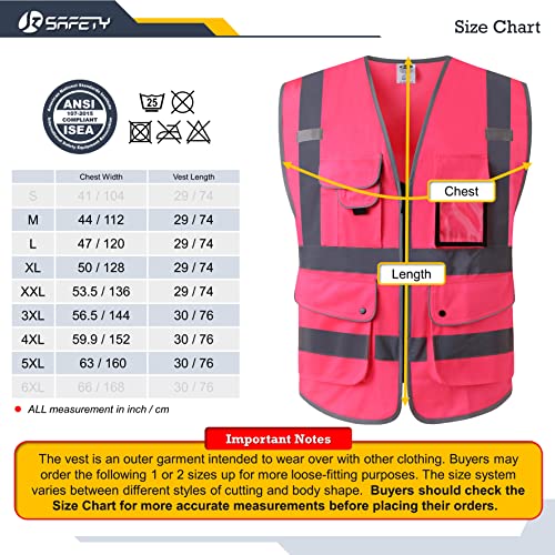 Jksafety 9 Pockets Class 2 High Visibility Zipper Front Safety Vest With Reflective Strips, Meets Ansi/Isea Standards (X-Large, 150-Pink) #TOP4
