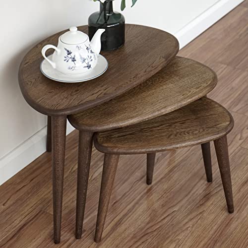 Ultimate Premium Products Solid Nesting Table Set Of 3- Oak Mid Century Pebble Tables With Tapered Legs – Wooden Home Furniture In A Retro Style #TOP2