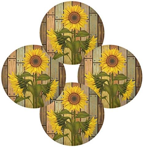Round Placemat Set of 4 for Dining Table Sunflower Retro Wood Grain Place Mat Heat Resistant Kitchen Table Mat for Party Home Decor Everyday Use Washable