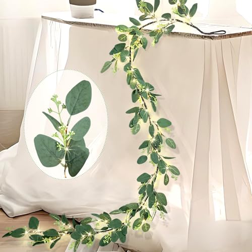 Image of 6FT Eucalyptus Garland with Lights, 96 LED Artificial Silver Dollar Eucalyptus Vine with Flowers, 8 Modes Timer Battery Operated Lighted Greenery Garland for Wall Bedroom Wedding Farmhouse Home Decor