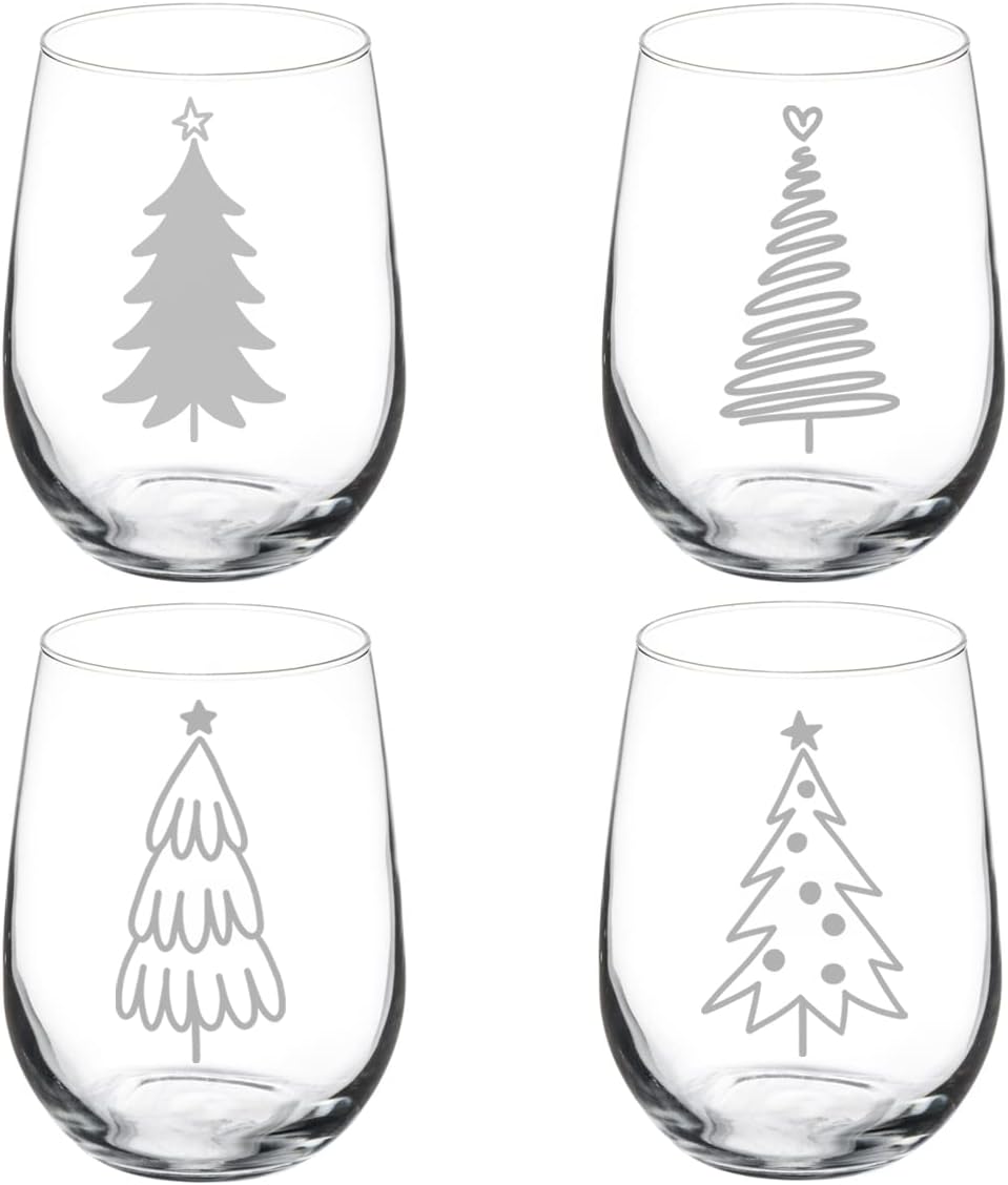 MIP Set of 4 Wine Glass Goblet Stylized Christmas Trees Collection (17 oz Stemless)