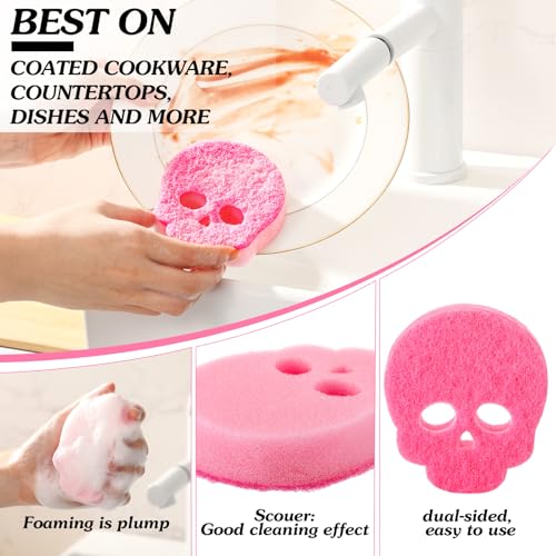 Image of Tioncy 12 Pack Skull Kitchen Sponges Bulk Dual Sided Scrubber Pink Sponges Dishwashing Skull Kitchen Accessories Dish Scouring Black, White