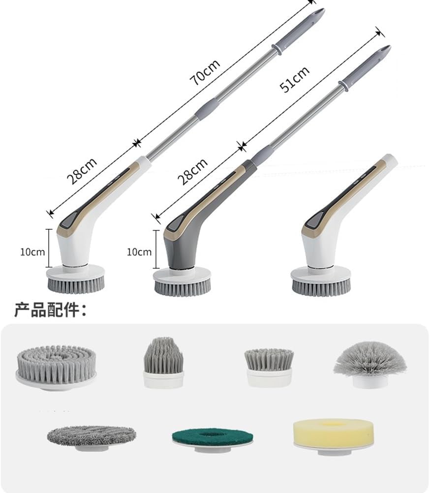 Electric Rotate Scrubber Multifunctional Wireless Household Extendable Cleaning Brush 8 Replaceable Brush Heads 2 Speeds Adjustment with Power LCD Display for Bathroom, Bathtub (White)