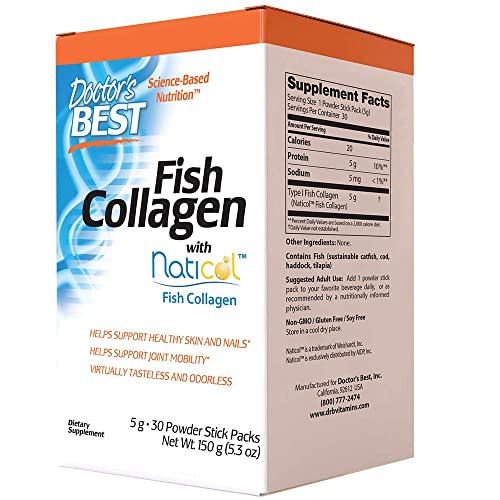 Doctor's Best Fish Collagen w/Naticol Fish Collagen, Supports Skin, Nails, Joints, 30 Powder Stick Pack
