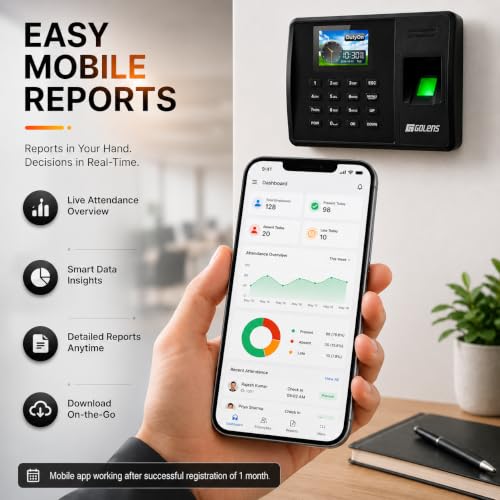 Image of Golens Biometric Attendance Machine [NEW Launch] - Fingerprint, RFID Card & Password | Wi-Fi, Cloud, TCP /IP | Backup Battery | Office & Factory Use | AM-03E