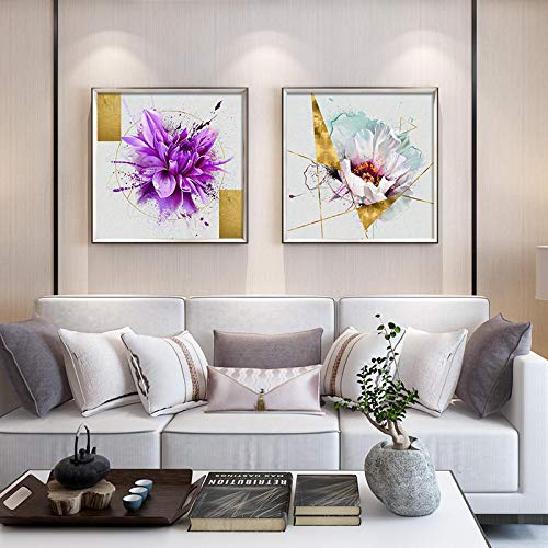 Art mural géométrique abstrait salon moderne 2 toiles fleurs violettes dorées 40x40