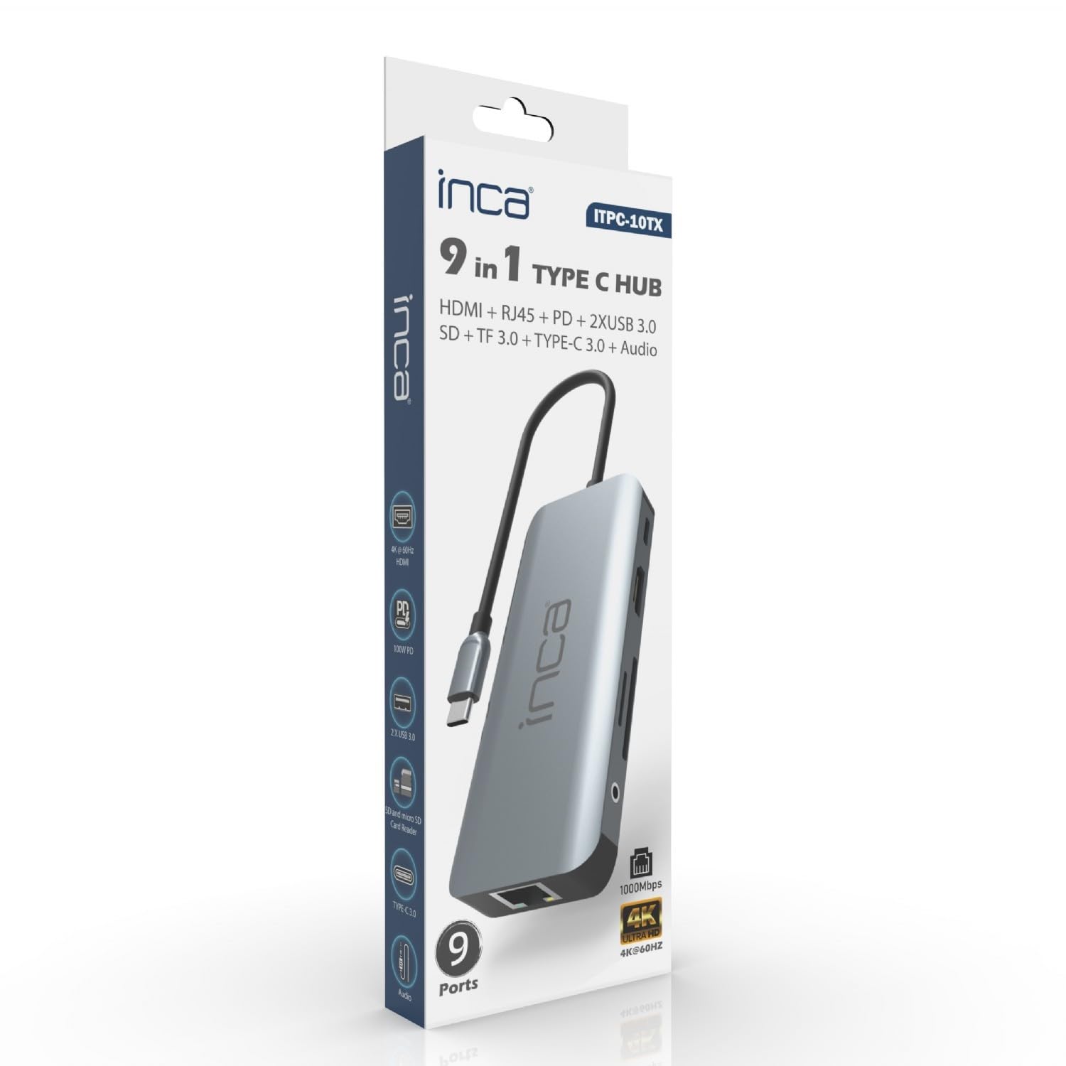 inca Koncentrator USB C 9 w 1 ITPC-10TX, 2 x USB 3.0 + czytnik kart SD/TF + LAN 1000 Mbit/s + dane + audio 3,5 mm + HDMI 4K 60 Hz + PD100 W, stacja dokująca USB C do MacBook, Dell, Chromebooka