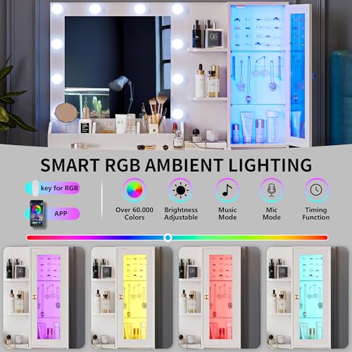 Image of Xixini Vanity Desk with Mirror and Lights, Makeup Vanity Table Set with 5 Storage Drawers, Power Outlet, Small Dressing Table with RGB Ambient Light, Adjustable Brightness for Girls Bedroom, White