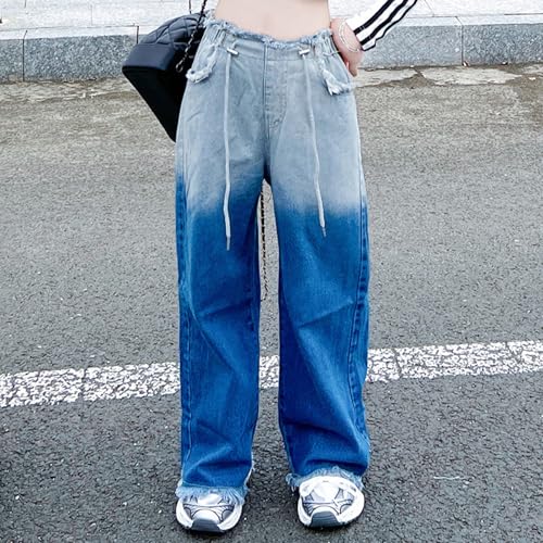 Girls Baggy High Waisted Jeans Gradient Color Tassel Edge Kids Hip Hop Denim Pants Drawstring Aesthetic Elastic2