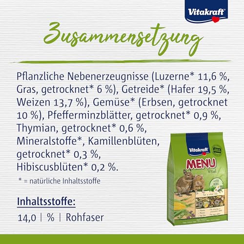 Vitakraft Menü Vital, Futter für Degus, mit Luzerne und Getreide, zur Zahnpflege, ohne Zuckerzusatz, in wiederverschließbarer Verpackung (1x 600g)