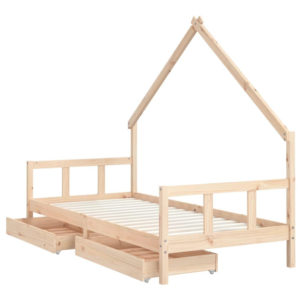 Rama łóżka dziecięcego z litego drewna sosnowego 90x200 cm z szufladami do przechowywania, niskie łóżko pojedyncze dla malucha z solidnymi listwami, nowoczesny design stymulujący kreatywność