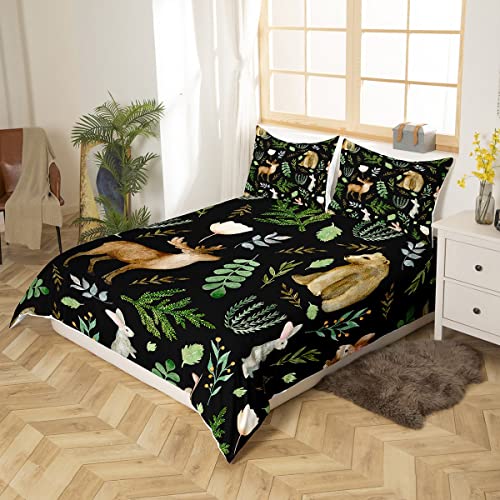 Watercolor Wild Animal Comforter Cover King Size,Deer Bear and Rabbit Print Bedding Set for Modern Room,White Flowers Green Leaves Plant Duvet Cover Set including 2 Pillowcases - Image 3