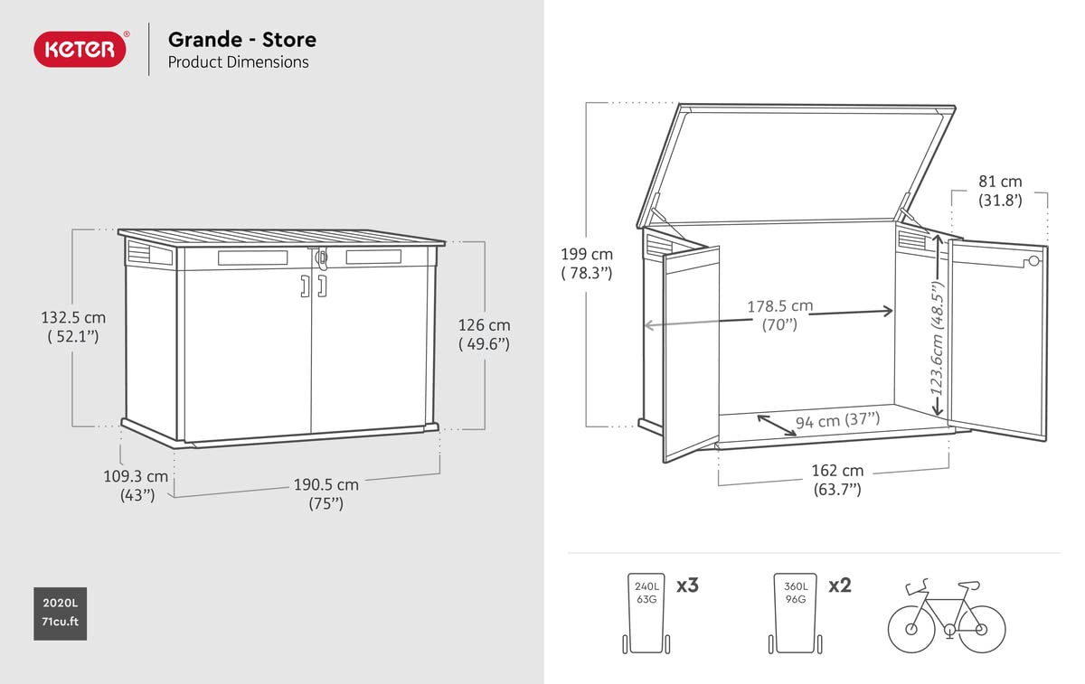 Keter Porta Attrezzi da Esterno Cortina Mega, Ideale per il Giardino, Grigio Scuro, 190,5x109,3x132,5H cm, 2020L