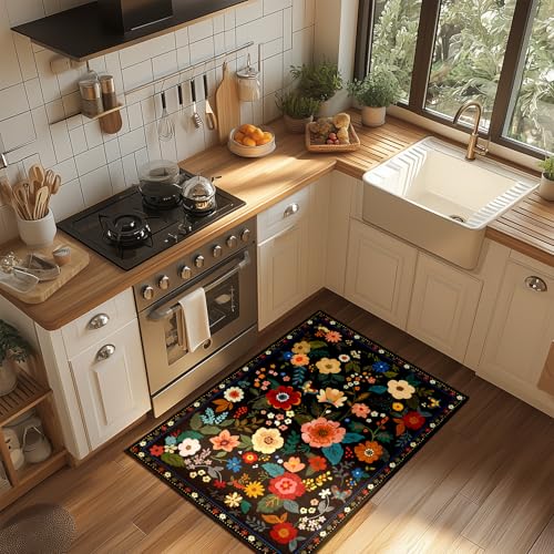 Floral 2x3 Area Rug Machine Washable Soft Print Boho Carpet Non Slip Doormat Low Pile Flower Area Rugs for Living Room Bedroom Nursery Kitchen Dining Room Indoor-Black