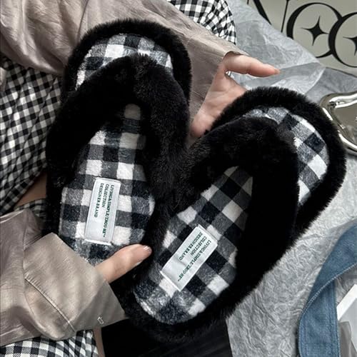 Women’s Plush Flip-Flops Slippers Checkerboard Pattern Stuff Slippers Warm Winter Wear Home Cozy Furry Soft Fuzzy Shoes3