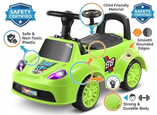 Image of Kids Ride On Green Car for Toddlers with Steering Wheel & Backrest | Foot to Floor Baby Push Car | Indoor Outdoor | Strong Wheels & Comfortable Seat | Racing Design for Boys & Girls (1-3 Years)