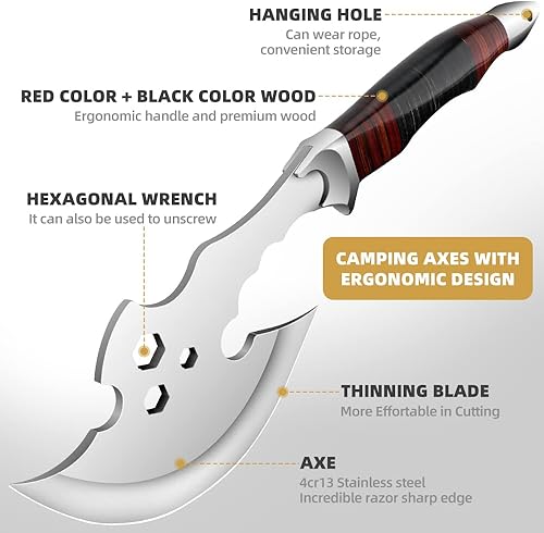 Miniatura 2 de Hacha de camping bien equilibrada con vaina, hacha de acero inoxidable 3Cr13 forjada, para exteriores, para lanzar hachas, campamento,