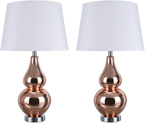 Aspen Creative 40026 - Juego de dos lámparas de mesa de cristal modernas de 26 pulgadas de alto, cobre rojo con base cromada y pantalla de lámpara