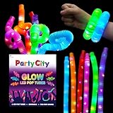 Party City 6pk LED Light Up Pop Tubes 25”- 3 Mode Stretchy Tubes LED Light Up Toys Bulk Glow Sticks Party Favors for Kids Necklaces Bracelets Neon Glow in the Dark Supplies Fidget Sensory Tube Pack