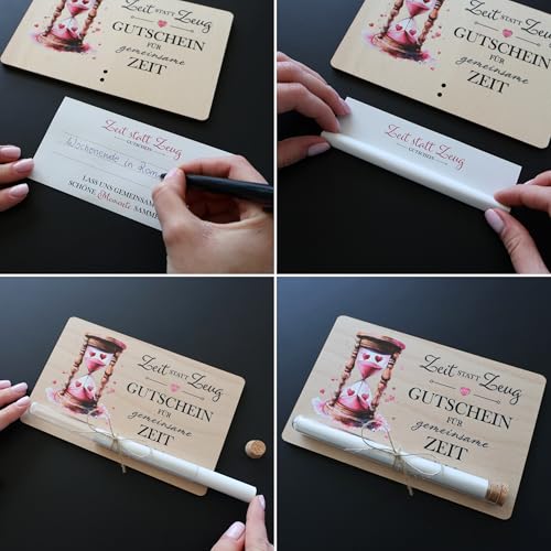 ZUKLA Zeit statt Zeug Gutschein - 17 x 11 cm - mit Reagenzglas - Geldgeschenk Verpackung aus Holz - Zeit zu Zweit Geschenk