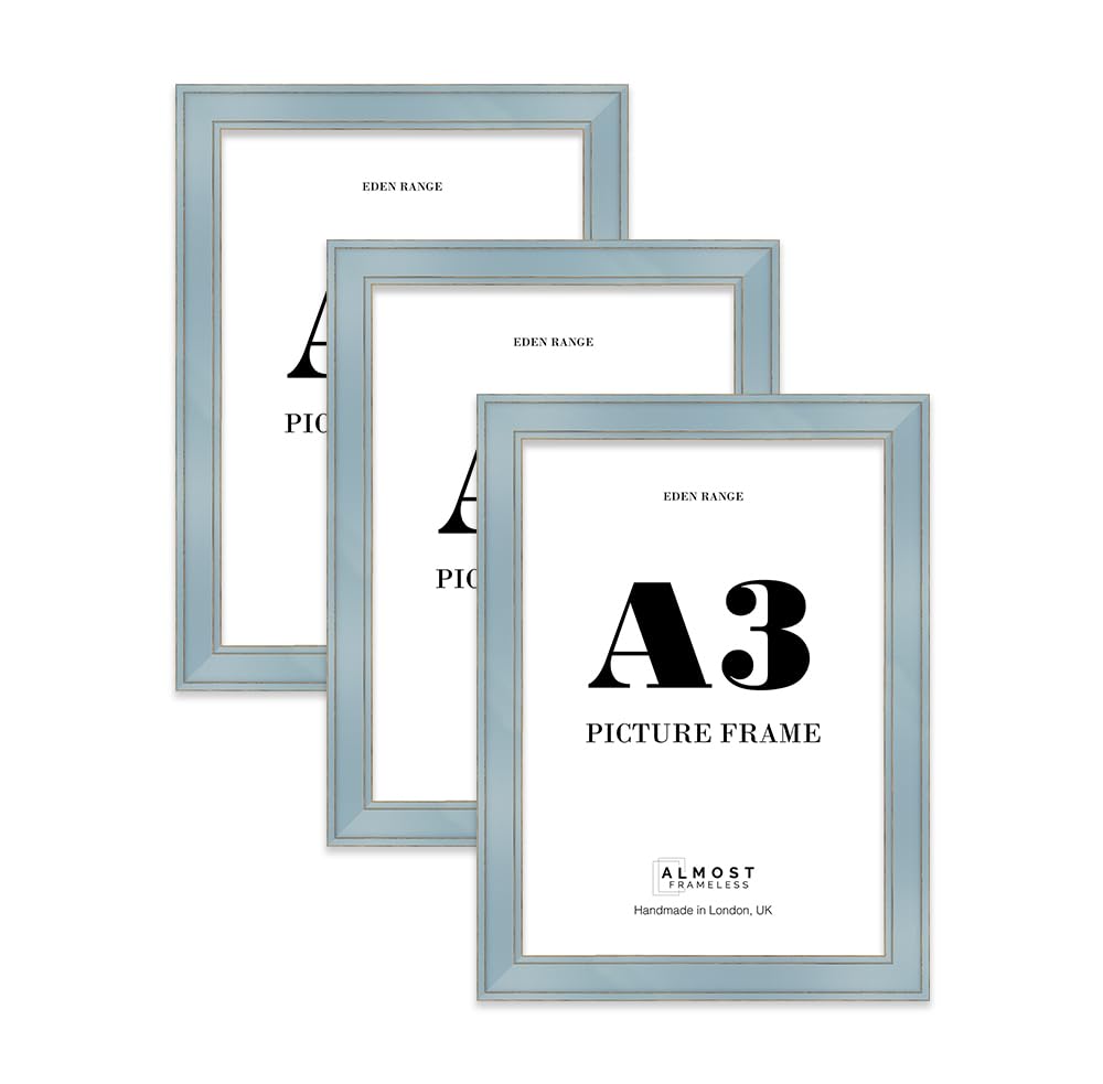 A3 Cornflower Blue Picture Frame - Shabby Chic Photo Frame with Distressed Finish, Gold Trim, Wall Hooks, 37mm Edge - 3 Pack