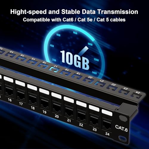 Image of iwillink 10Gbps Patch Panel 24 Port, RJ45 Through Coupler Cat6 Patch Panel UTP 19-Inch 1U with Back Bar, Wallmount or Rackmount, Compatible with Cat5, Cat5e, Cat6 Cabling