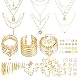 MEDOJO 93 Pcs Golden Jewelry Set for Women Costume Jewelry Pack Golden Plated Necklace Bracelet Stackable Ring Earrings Jewelry for Christmas New Year
