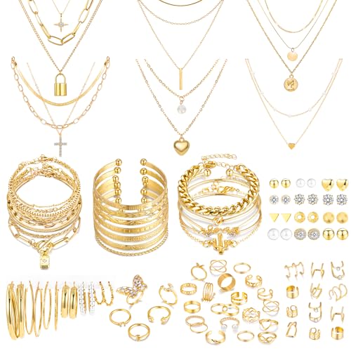 93 Pcs Gold Jewelry Set for Women Costume Jewelry Pack Gold Plated Necklace Bracelet Stackable Ring Earrings Jewelry Pack for Women