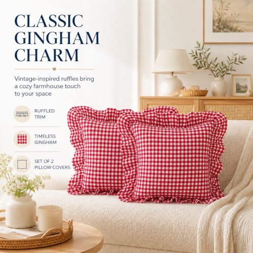 Jilboo Gingham Throw Pillow Covers 22x22, Red/White, Ruffle Trim, Set of 2 by Jilboo - Used condition - Image 2