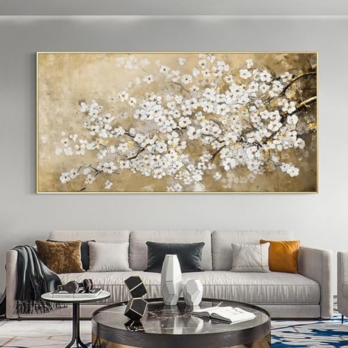 Peinture fleur de prunier blanche pour salon zen et lumineux