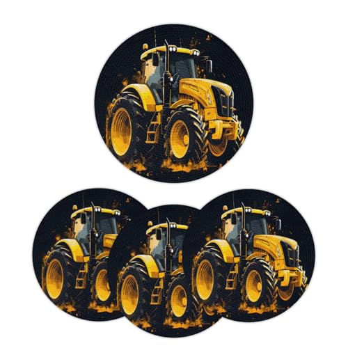 Mintoprints Juego de 4 manteles individuales trenzados redondos amarillos de camión de construcción, manteles individuales lavables para mesa de comedor de cocina de 15 pulgadas
