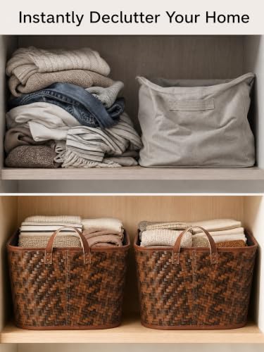 Image of BROWNLILY Oversized Storage Baskets Laundry Hampers with Structured Frame & Supported Bottom, Extra Large Closet Bins for Shelves Blankets Car Bedroom Bathroom Organizers (Pack of 4, Brown)