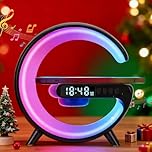SUNJULY Led Wireless Charger Lamp, G Shaped Lamp Phone Charger Bluetooth Speaker with 10 Lighting Modes and 15w Wireless Fast Charging, Dimmable Bedside Lamps and Alarm Clock, Gifts for Boys Girls