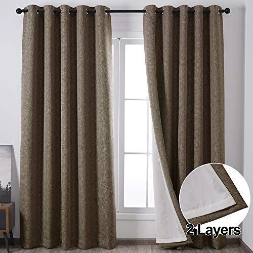 QINUO HOME Double Layer Linen Effect Machine Washable Fully Lined Energy Smart Solid Grommet Curtains Blackout Curtinas Para Sala for Baby Room New York,1 Pair, 46 Wu00d754 L, Stone