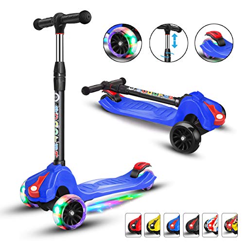 XJD Kick Scooter for Kids 3 Wheel Scooter for Toddlers Girls & Boys, 4 Adjustable Height, Extra-Wide Deck, with Max Glider Deluxe PU Flashing Wheels for Children from 3 to 14 Year-Old, Blue