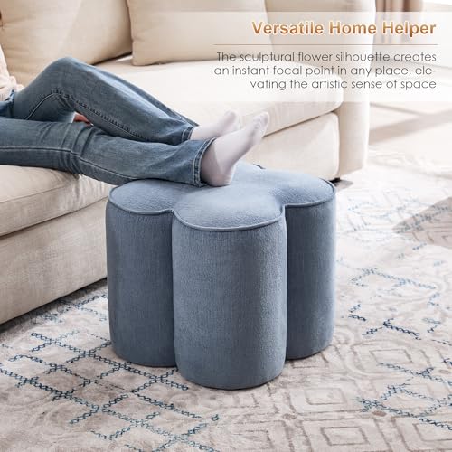 Image of Zesthouse Flower Pouf Ottoman Foot Rest, Linen Fabric Poofy Ottoman Stool | Large Ottoman Footstool for Couch, Modern Living Room Stool Seat, Cute Square Vanity Stool for Bedroom, Blue Dorm Foot Stool