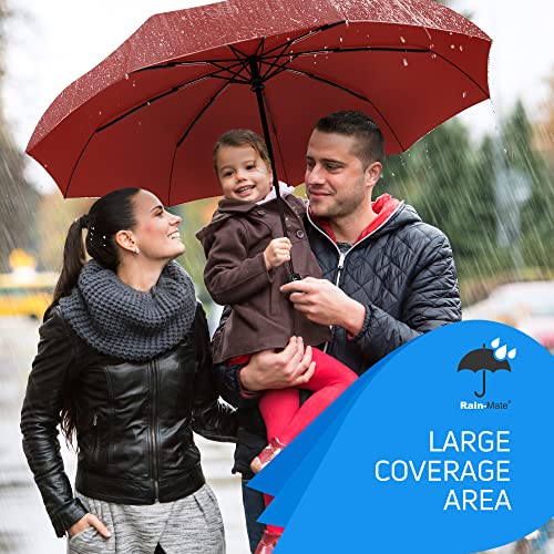 Rain-Mate Compact Travel Umbrella - Pocket Portable Folding Windproof Mini Umbrella - Auto Open And Close Button And 9 Rib Reinforced Canopy (Red) #TOP6