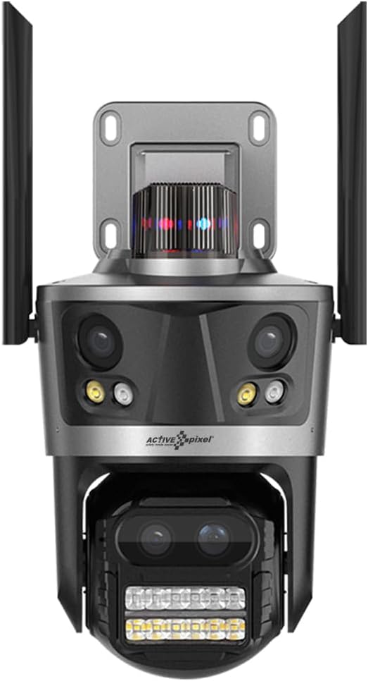 Active Pixel 4mp 4 Lens with 8X Zoom PTZ Triple Camera WiFi Wireless Outdoor Dual Lens CCTV Three Side View | 360° | Dark Vision | Motion Detection| Siren Alarm| Outdoor | Alexa Supported