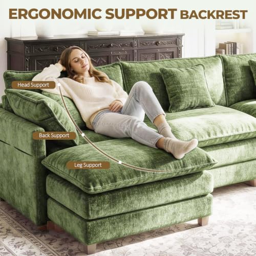 Image of LEVELEVE 112 inch L-Shape Modular Sofa with 1 Ottomans, Deep Seat Cloud Convertible Sleeper, 3 Throw 2 Arm Pillows, Comfortable Upholstered Furniture for Living Room Apartment, Green