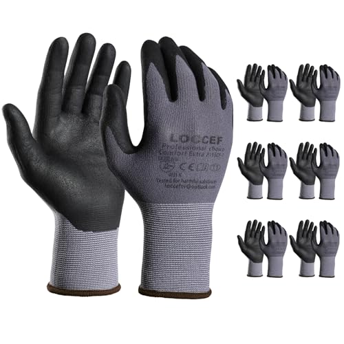 LOCCEF Arbeitshandschuhe Herren/Damen 6 Paare - Nitril beschichtet nahtlos gestrickte Nylon-Handschuhe für Heimwerken Handwerk und Gartenarbeit(9/L Grau-6 Paare)