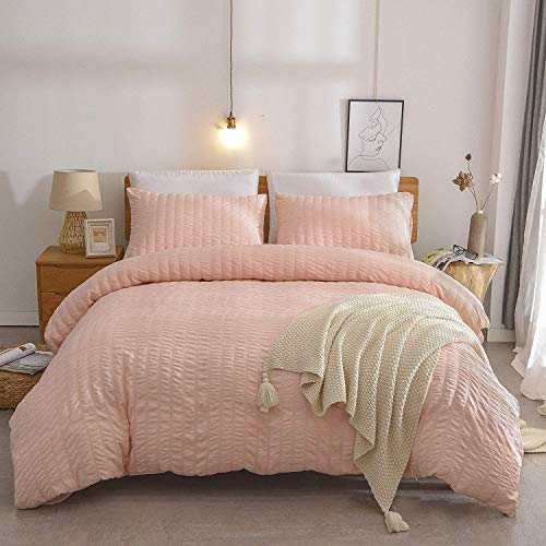 RAYYAN LINEN Seersucker Luxury Duvet Cover Bedding Set with Pillow Cases Ruffled Seersucker Texture (Blush Pink Double)