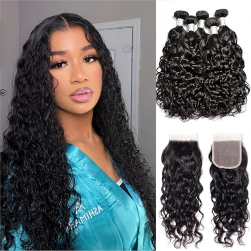 Brazilian Water Wave 5Bundles(50g/bundle) with 4x4 Lace Closure Wet and Wavy Bundles with Lace Closure Short Curly Bbundles Human Hair Bundles with Closure(16/16/16/16/16+16)