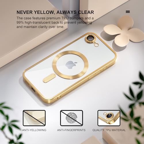 Image of Misea Magnetic for iPhone 17e / 16e Case Compatible with MagSafe Gold | [Never Yellowing] [Military Drop Protection] Full Camera Lens Protector Plating Soft Clear Phone Case for Women, Gold