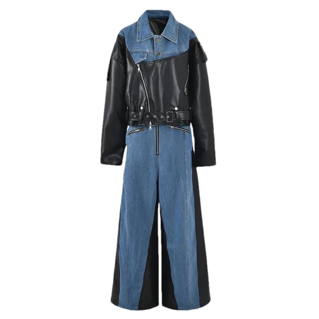 Men's Spring Autumn Two-Piece Full Sleeves Patchwork Zipper Denim Leather Short Jacket Straight Jeans