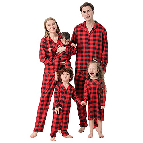 SHINEHUA Conjunto de pijamas familiares navideños con patrón de blusas+pantalones de pijama elásticos largos a cuadros, 2 piezas de ropa de dormir para papá mamá y yo, mujer, M